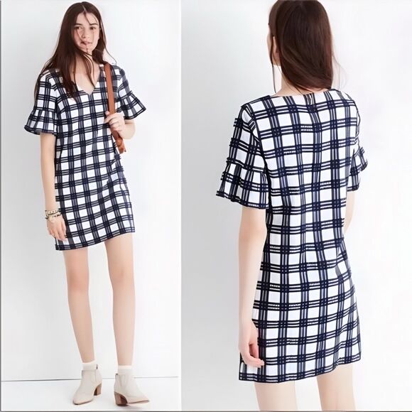 Madewell Leighton Plaid Mini Dress Navy Shift size 12 - Picture 1 of 7